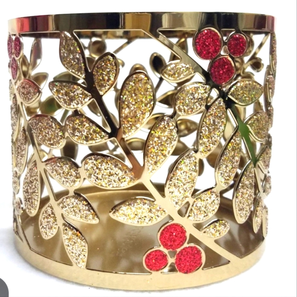 Bath &Body Works Gold & Glitter Red Berry Leaf Large Candle Holder, New With Tag